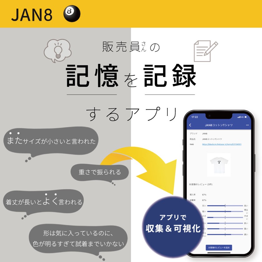 「販売員さんの記憶を記録するアプリ」というコピーとアプリ画面を示すJAN8のプロモーション画像